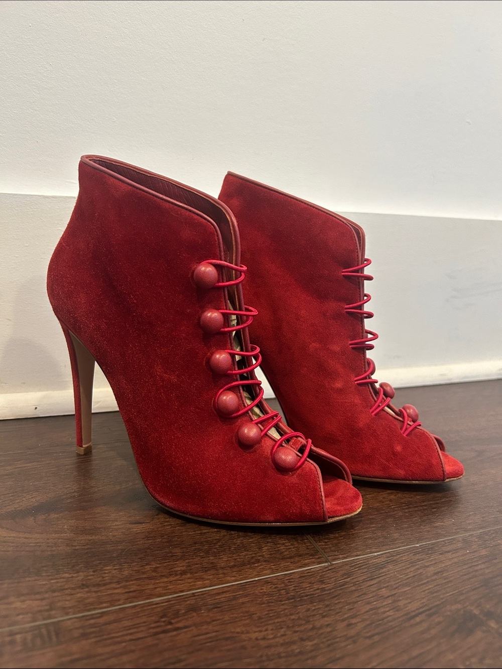 Gianvito Rossi Red Suede Peep Toe Heels